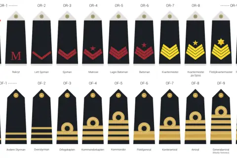 Stopnie marynarki wojennej: od rekruta po admirała, z oznaczeniami rang i nazwami stanowisk.