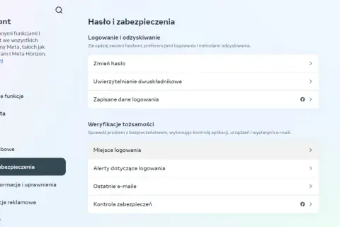 Ustawienia "Hasło i zabezpieczenia" w Centrum kont Meta. Znajdziesz tu opcje dotyczące logowania, jak wylogować się z Messengera, zmiany hasła i weryfikacji tożsamości.