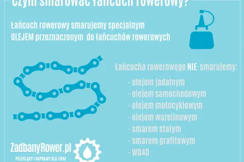 Łańcuch rowerowy smarujemy specjalnym olejem. Nie używaj oleju jadalnego, samochodowego, motocyklowego, wazeliny, smaru stałego, grafitowego ani WD40.