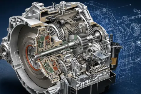 Przekrój nowoczesnej skrzyni biegów, ukazujący złożoność mechanizmów i elektroniki. To serce pojazdu, zapewniające płynny powershift.