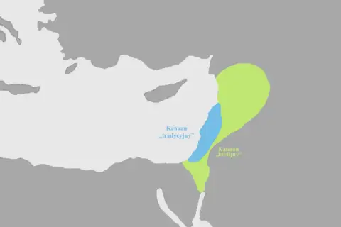 Mapa przedstawia obszar Kanaan, z podziałem na Kanaan "tradycyjny" (niebieski) i Kanaan "biblijny" (zielony).