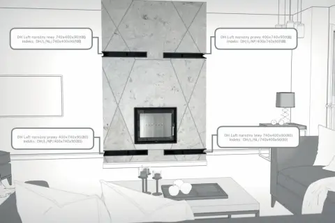 Nowoczesna zabudowa kominka z widocznymi wymiarami i indeksami modeli: DH Luft narożny lewy 740x400x90 (120) i DH Luft narożny prawy 400x740x90(80).
