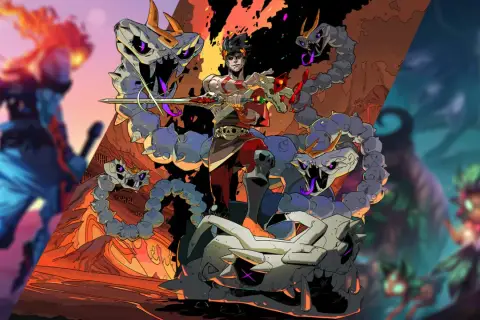 Zagreusz z Hadesa walczy z kamiennymi wężami, obok postaci z Dead Cells i League of Legends. To kolaż z gier typu roguelike.