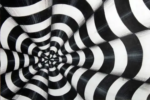 A black and white optical illusions art piece featuring a swirling vortex of curved stripes that create a sense of depth and movement.