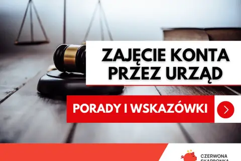Młotek sędziowski i waga sprawiedliwości symbolizują egzekucję komorniczą. Tekst informuje o zajęciu konta przez urząd.