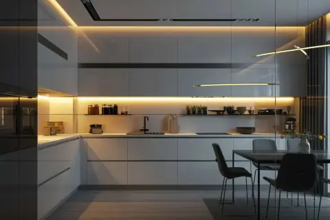 Cocina moderna con iluminación cálida bajo gabinetes y en el techo. La luz es clave para crear ambiente, ¿qué luz es mejor para la cocina?