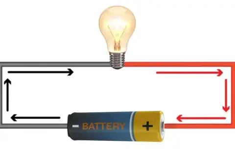Schemat obwodu elektrycznego z żarówką i baterią. Strzałki pokazują przepływ prądu, ilustrując napięcie.