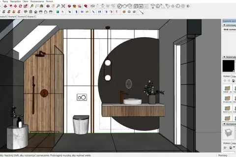 Nowoczesny program do projektowania łazienki. Widok 3D prysznica, toalety i umywalki z drewnianymi elementami.