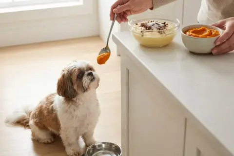 Mały piesek Shih Tzu z zaciekawieniem patrzy na łyżkę z dynią. Czy psy tolerują laktozę? Ta karma wygląda na bezpieczną.