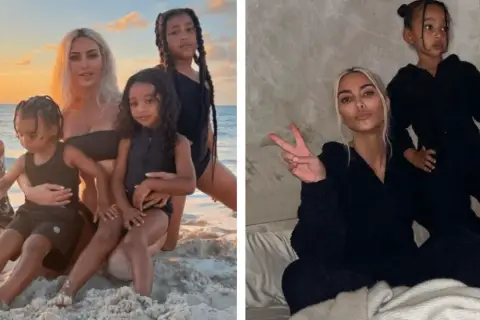 Kim Kardashian z dziećmi na plaży i w domu. Na pierwszym zdjęciu widać Kim z córkami North i Chicago oraz synem Saintem. Na drugim zdjęciu Kim z córką Chicago.