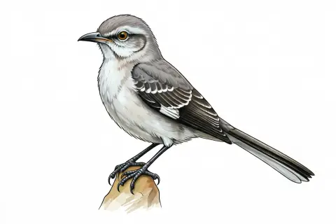 Szary ptak, mockingbird, siedzi na kamieniu. Ma białe paski na skrzydłach i pomarańczowe oczy.