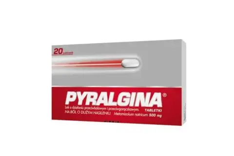 Opakowanie leku Pyralgina z 20 tabletkami, zawierające metamizol, na silny ból i gorączkę.