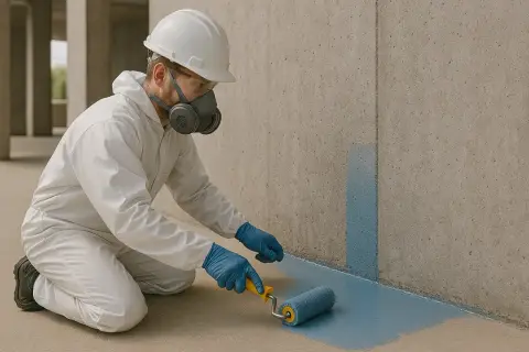 Arbetare i skyddsdräkt och mask behandlar betongskiva med en roller.