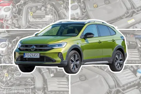 Zielony Volkswagen Taigo z czarnym dachem i relingami, na tle schematycznego silnika.