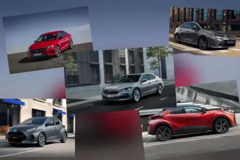 Kolaż samochodów: czerwona Skoda, szara Toyota Yaris, srebrna Skoda, szara Toyota Corolla. Idealne do rankingu leasingów samochodowych.