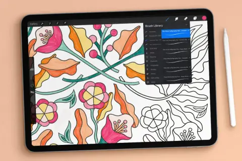 Digitales Malen mit Procreate auf einem Tablet. Bunte Blumenmuster werden mit verschiedenen Pinseln erstellt.
