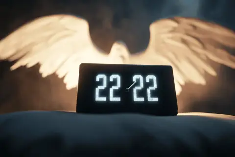 Zegar pokazuje 22:22, a za nim widnieją świetliste skrzydła. To znak, że 22 22 znaczenie dla singli może oznaczać nowy początek.