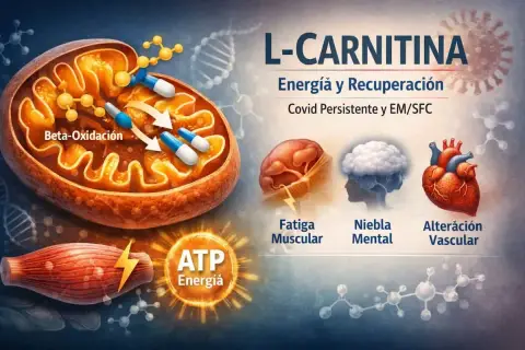 La L-Carnitina ayuda a la beta-oxidación en mitocondrias para generar ATP y energía, combatiendo fatiga muscular, niebla mental y problemas vasculares, útil para Covid persistente.