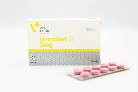 Opakowanie UrinoVet Dog z tabletkami. Preparat dla psów wspierający układ moczowy.