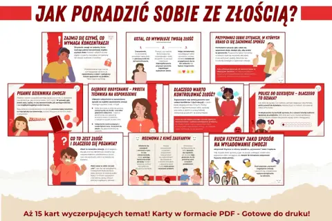 Chłopiec z zaciśniętymi pięściami i wykrzywioną twarzą wyraża złość. Obok niego tekst o tym, jak radzić sobie z tym uczuciem.