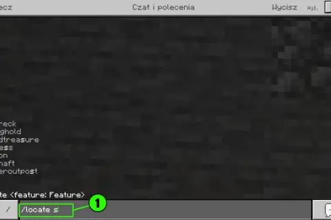 Ekran czatu w Minecraft, pokazujący jak wpisywać komendy w Minecraft. Widoczna lista struktur do zlokalizowania, np. "shipwreck", "stronghold".