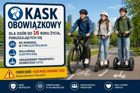 Trójka młodych ludzi na rowerze, hulajnodze elektrycznej i segwayu. Czy kask na rower jest obowiązkowy? Tak, dla osób do 16 lat.