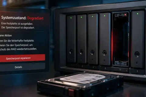 Systemwarnung: Eine Festplatte ist ausgefallen. Der Speicherpool ist degradiert. Ersetzen und reparieren Sie die defekte Festplatte.
