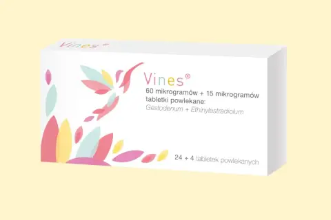 Opakowanie leku Vines z kolorowym motywem przypominającym pnącza. Zawiera 24+4 tabletki.
