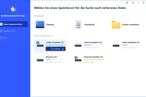 Hier suche ich, wo ich Screenshots finden kann. Die Software zeigt Laufwerke an, um Daten wiederherzustellen.