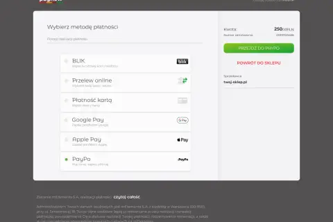 Wybierz metodę płatności: BLIK, Przelew online, Płatność kartą, Google Pay, Apple Pay, PayPo. Kliknij "Przejdź do Paypo" by zapłacić.