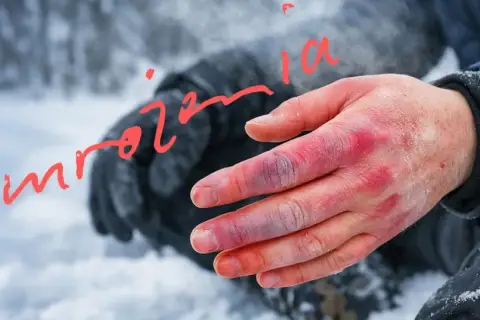 Dłoń z widocznymi objawami odmrożeń, zaczerwieniona i sina, na tle zimowego krajobrazu.