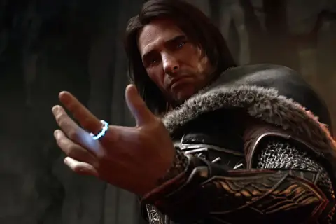Talion z Middle-earth: Shadow of War z magicznym pierścieniem na palcu, gotowy do walki.