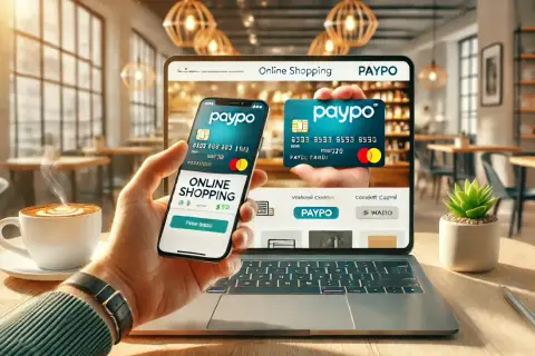 Dłoń trzyma smartfon z aplikacją Paypo do zakupów online, obok leży laptop z podobnym interfejsem.