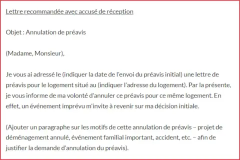 Lettre d'annulation de préavis pour un appartement. Un événement imprévu justifie ce désistement.