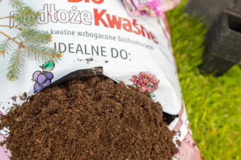 Ziemia lekko kwaśna, idealna do iglaków i roślin wrzosowatych, wysypana z worka na trawę.