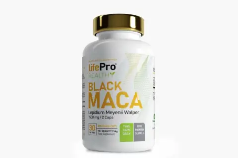 Bote de LifePro Healthy Black Maca, 60 cápsulas veganas. Descubre las maca negra propiedades para tu bienestar.