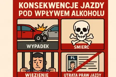 Konsekwencje jazdy pod wpływem alkoholu: wypadek, śmierć, więzienie, utrata prawa jazdy. Nie ryzykuj!