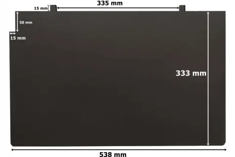 Czarny deflektor do kominka francuskiego, wymiary 538x333 mm, z zaznaczonymi detalami montażowymi 15 mm i 50 mm.