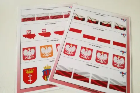 Zabawy edukacyjne dla dzieci: polskie symbole narodowe, orzeł biały, flagi i godła.
