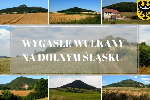 Krajobraz Dolnego Śląska z łagodnymi, zielonymi **górskimi wulkanicznymi** wzniesieniami, polami uprawnymi i tradycyjną architekturą.