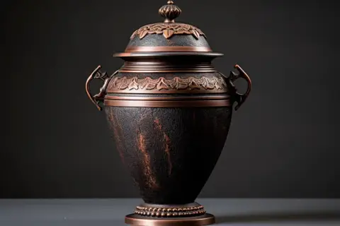 Elegancka urna, w której spoczywają prochy po kremacji, ozdobiona miedzianymi detalami i ornamentami.