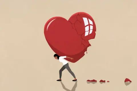 Una donna lotta per sollevare un enorme cuore spezzato, un simbolo di come superare una delusione, lasciando cadere pezzi lungo il cammino.