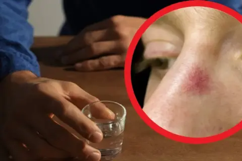 Dłoń sięga po kieliszek, a na policzku widoczne pajączki – objawy długotrwałego alkoholizmu.