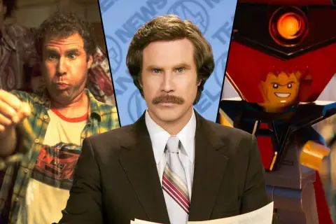 Will Ferrell i tre olika roller: en avslappnad man, nyhetsankaret Ron Burgundy och en Lego-figur.