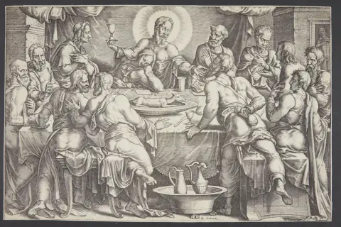 Das letzte Abendmahl: Jesus mit Jüngern am Tisch. Judas, erkennbar an der Geldtasche, ist im Schatten.