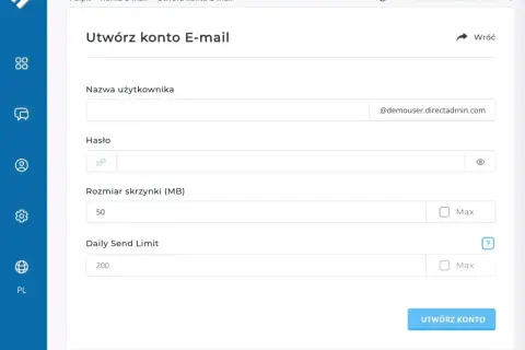 Formularz tworzenia konta e-mail z polami nazwy użytkownika, hasła, rozmiaru skrzynki i limitu wysyłki.