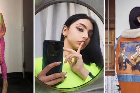 Choni con estilo: look atrevido con top verde y pantalones rosas de cordones, selfie en espejo y chaqueta con estampado artístico.