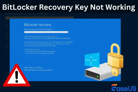 Ekran odzyskiwania BitLocker, gdy klucz nie działa. Widoczny dysk z kłódką i kluczem, symbol Windows oraz ostrzeżenie.