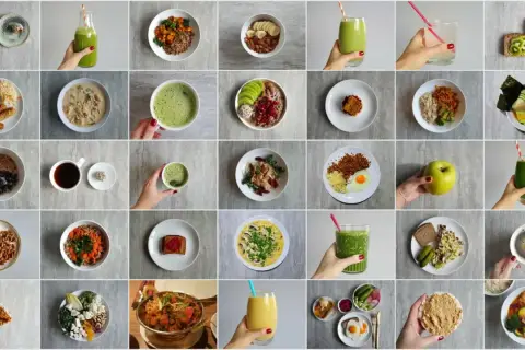 Kolaż zdjęć z inspiracjami: 50 pomysłów na obiad. Znajdziesz tu zdrowe śniadania, lunche i desery.