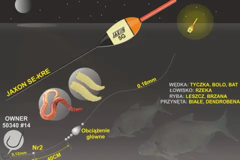 Ilustracja przedstawia zestaw do łowienia na spławik: haczyk, przynęty (białe robaki, dendrobena), żyłkę, obciążenie i spławik Jaxon 5G.